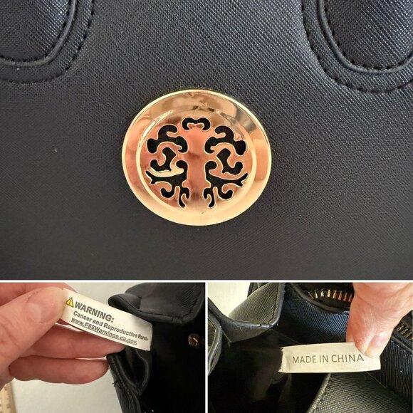 Chic Black Mini Satchel Purse Gold Medallion Faux Leather Handbag - Picture 5 of 9